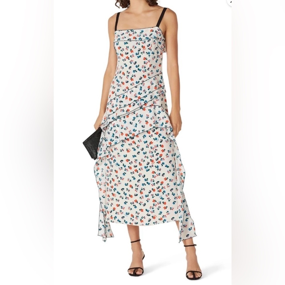 Jason Wu Silk Floral Ruffle Midi Dress Ivory Multicolor Spaghetti Strap Size 4